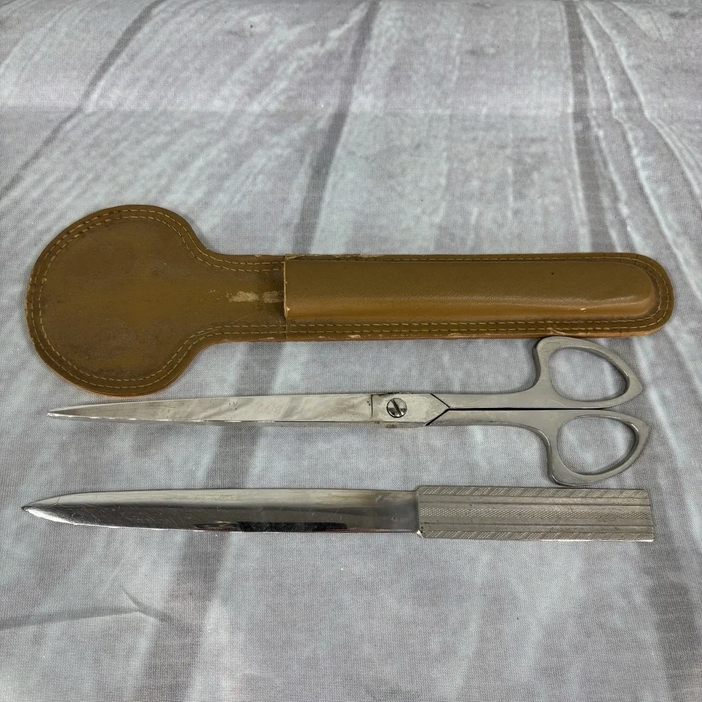 VTG Solingen Germany Engraved Scissors Letter Opener Set Leather Sheath